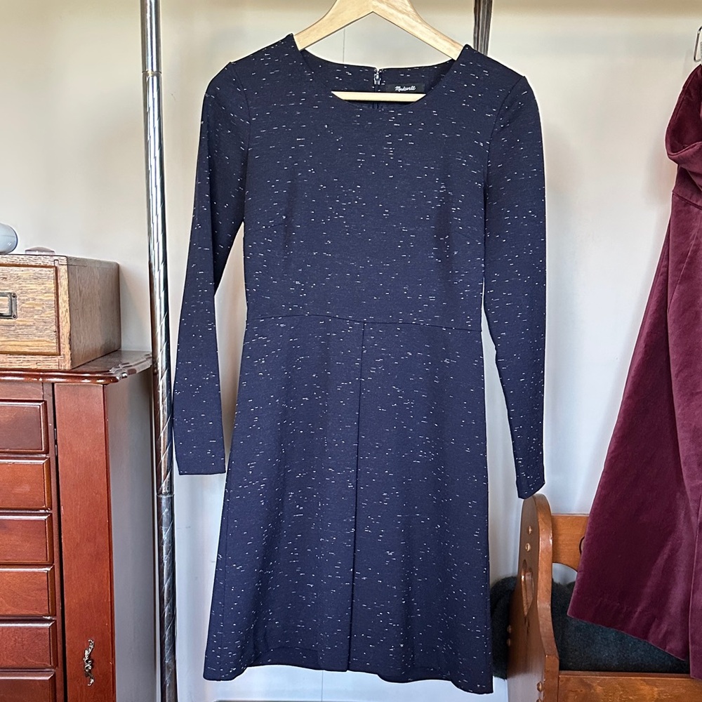 EUC Madewell Navy White Mottled Weighted Fabric Long Sleeve Dress Fit n Flare 0